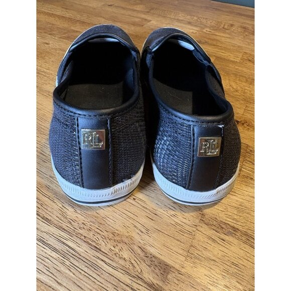 LAUREN RALPH LAUREN Jinny Black Slip On Sneakers Faux Straw Casual Preppy Size 6 - Picture 3 of 6